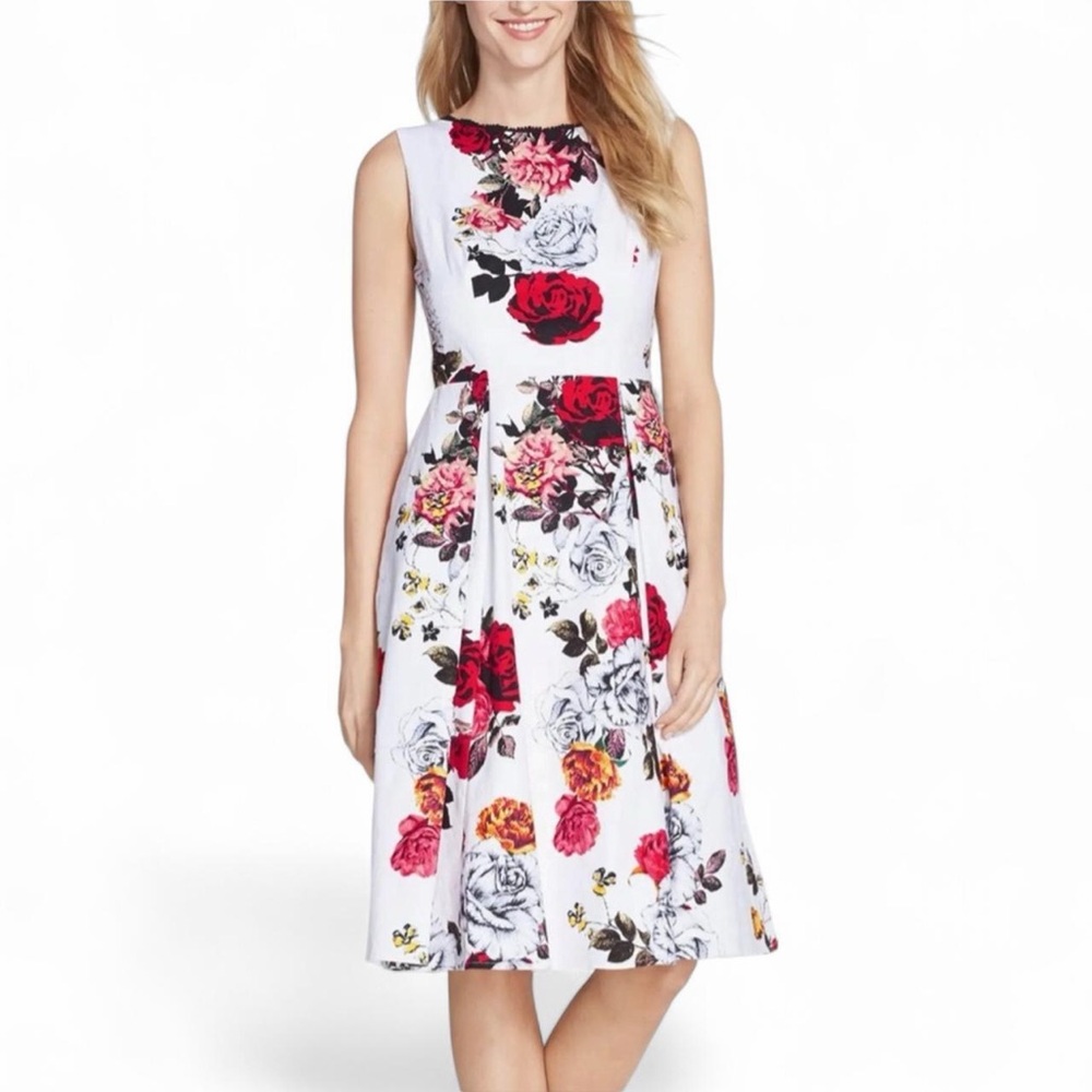Adrianna Papell Floral Jacquard Fit & Flare Midi Dress Ivory Red 14W - Picture 2 of 13